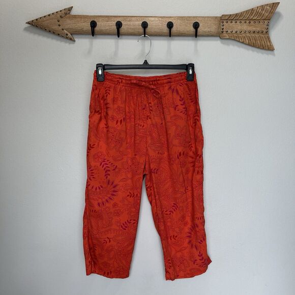 Cappagallo | Orange & Pink Floral Drawstring Petite Capri Pants Large Vintage - Picture 1 of 6